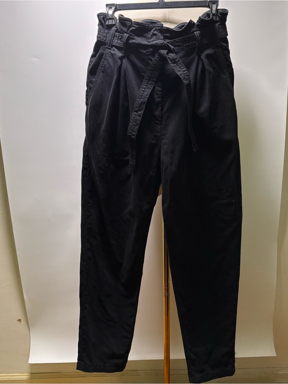 & Other Stories Black High Rise Paperbag Waist Chinos with Tie Belt Size 8